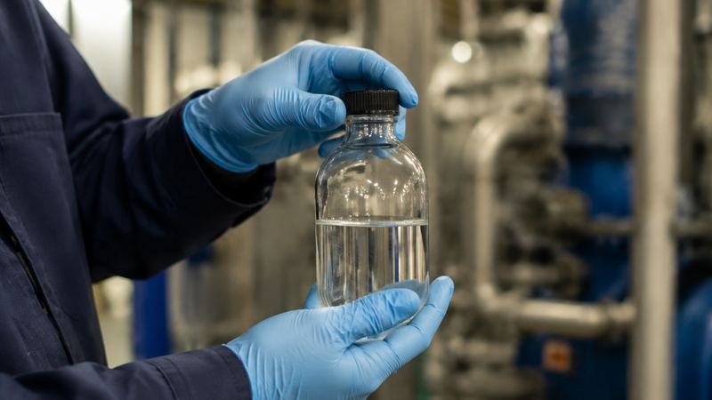 Técnico segurando amostra de água coletada para análise laboratorial em planta industrial