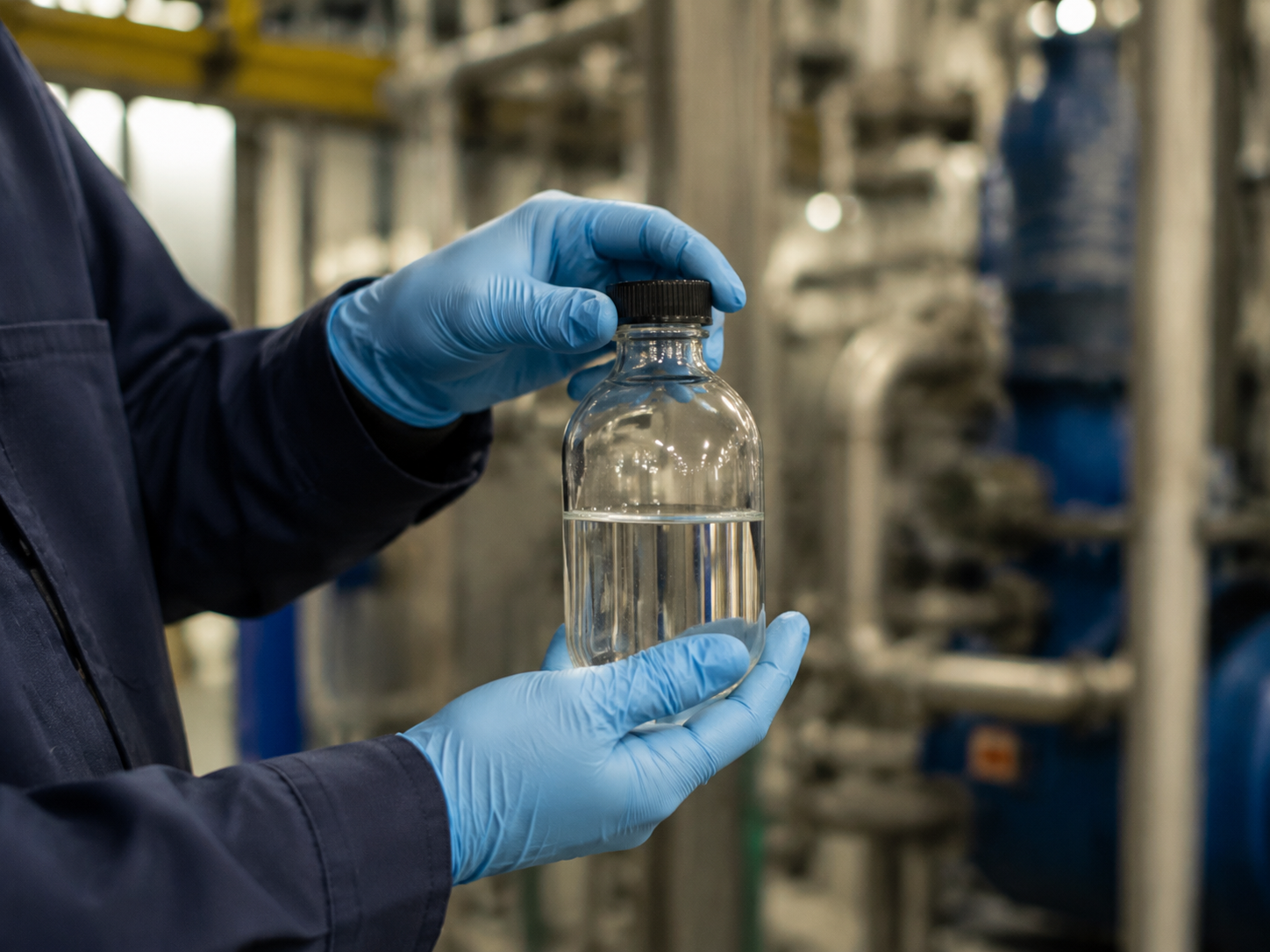 Técnico segurando amostra de água coletada para análise laboratorial em planta industrial