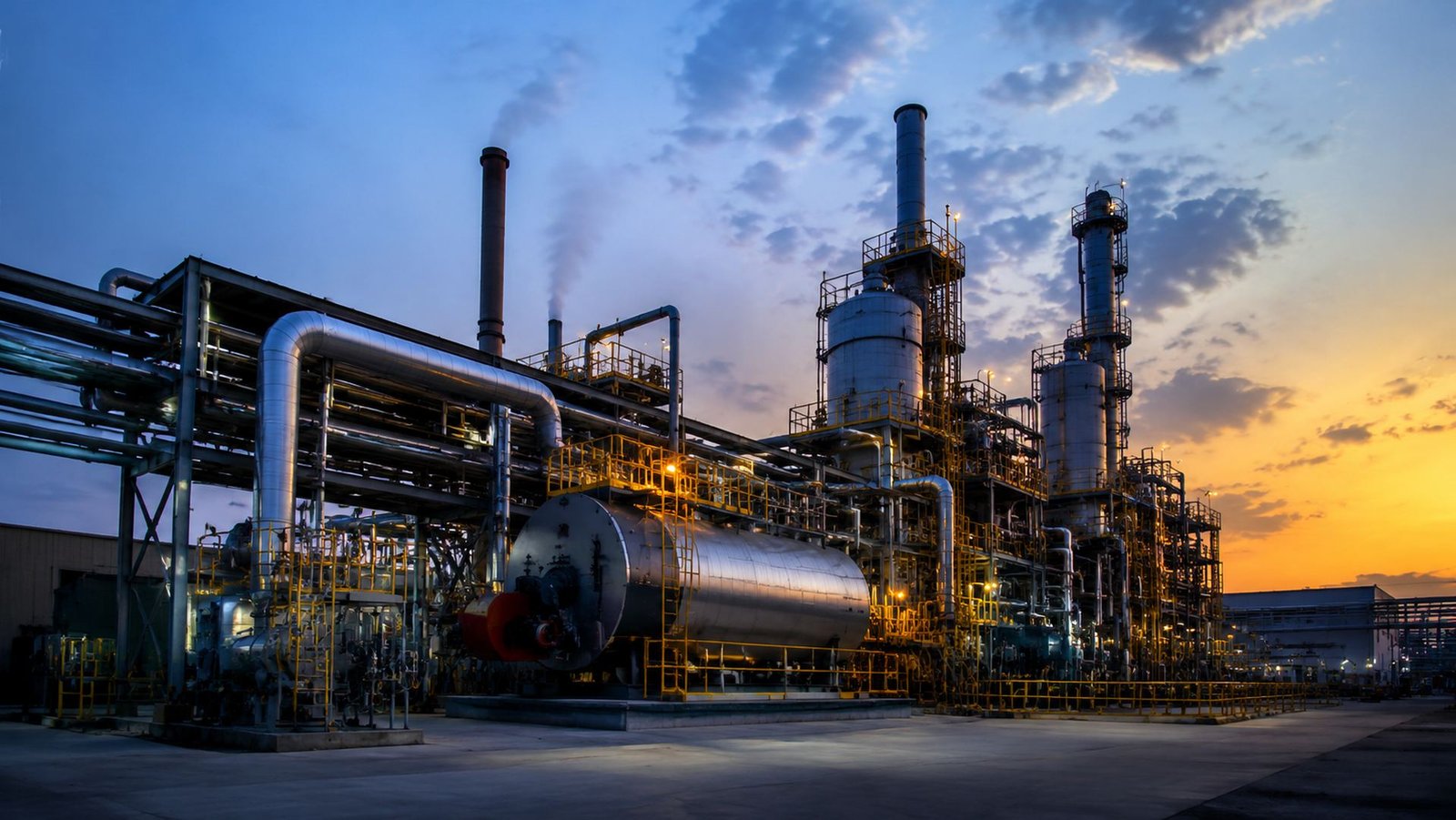 Instalação industrial de tratamento de água ao entardecer, com tanques, tubulações e chaminés