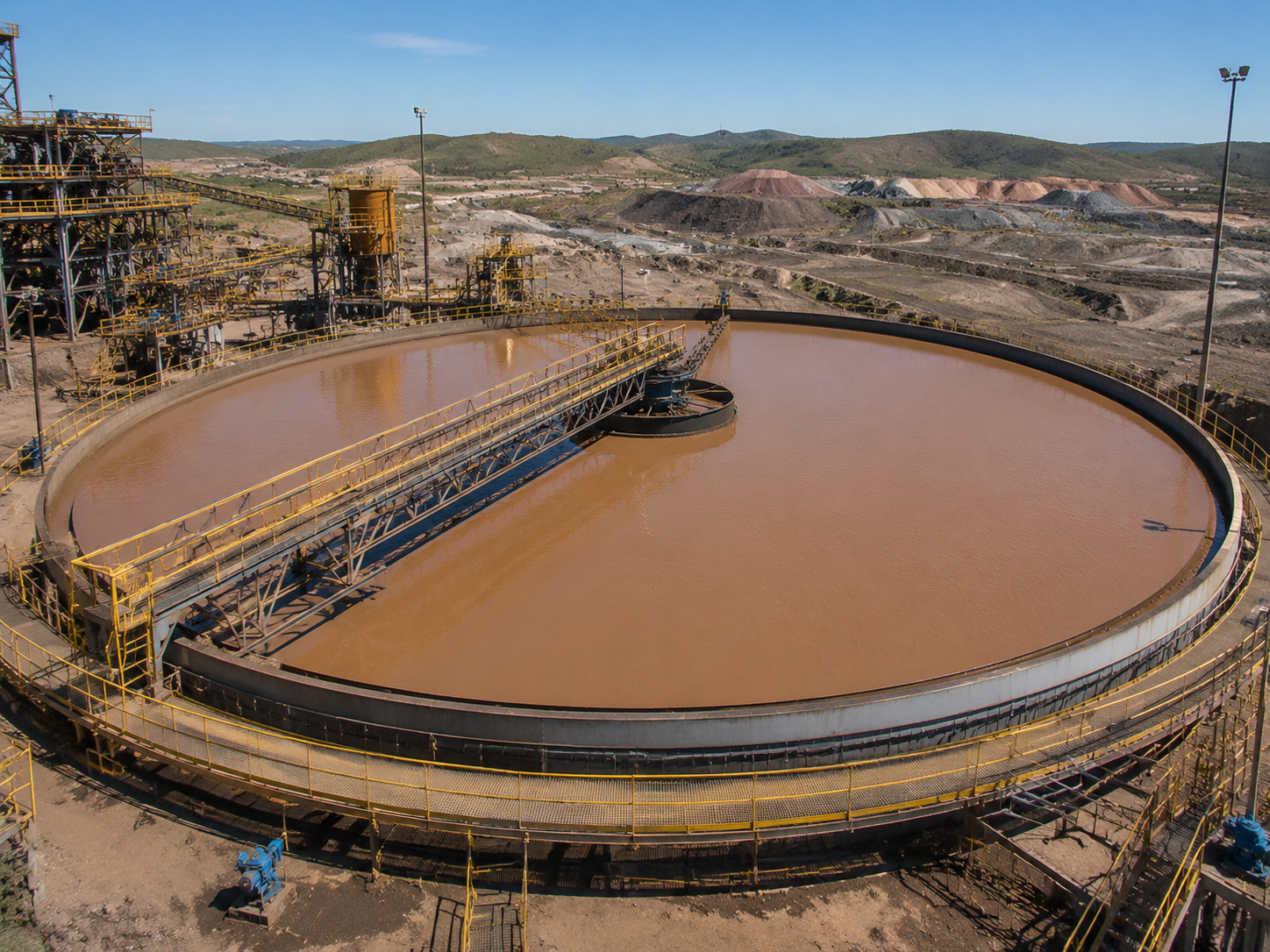 Espessador circular de grande porte em planta de processamento mineral, com água de polpa de minério e braço de raspagem central.