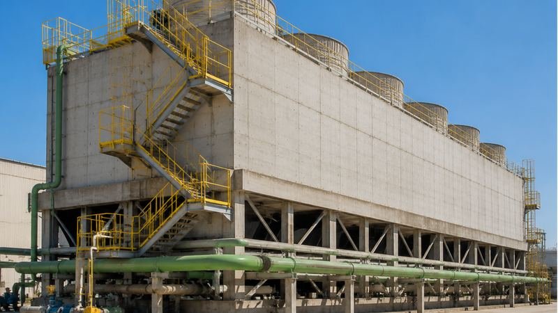 Torre de resfriamento industrial de tiragem mecânica em concreto estrutural, planta bem conservada