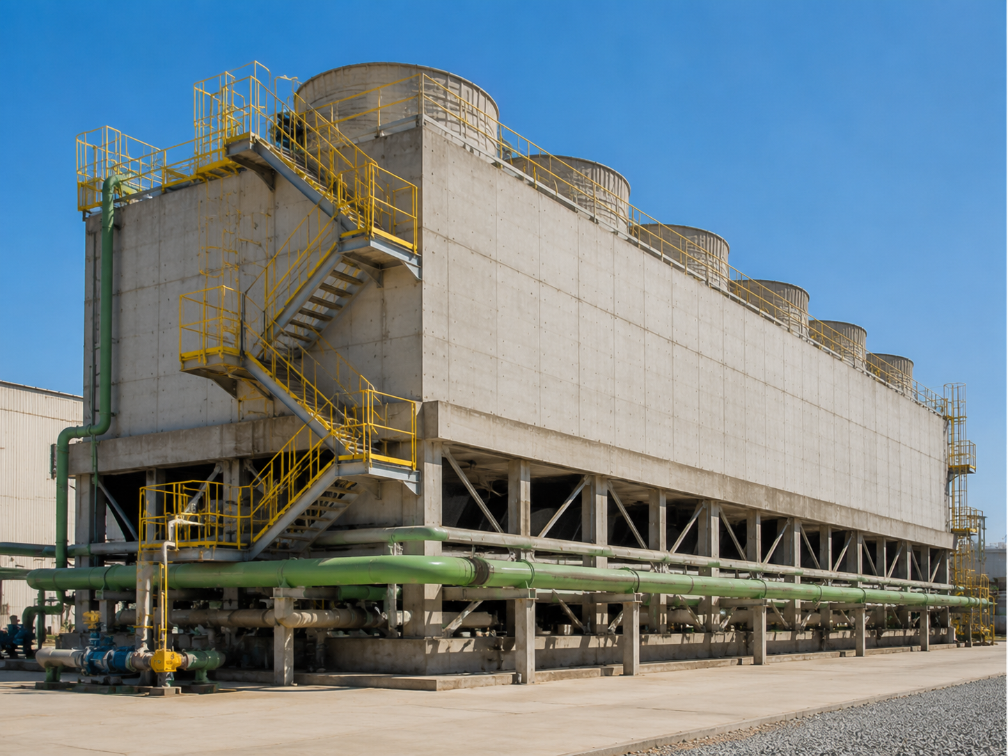 Torre de resfriamento industrial de tiragem mecânica em concreto estrutural, planta bem conservada