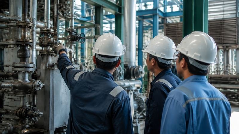 Equipe de operadores em treinamento técnico observando equipamento industrial